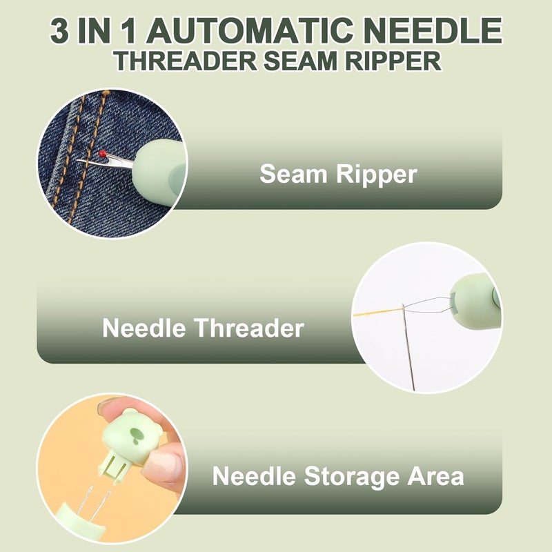 FENGWANGLI Automatic Needle Threaders Seam Ripper, Upgraded 3 in 1 Sewing Needle Threader Tool, Stretchable Quick Seam Rippers with Needle Storage for Hand Quilling, Embroidery Stitch Removal(Green) - Image 3